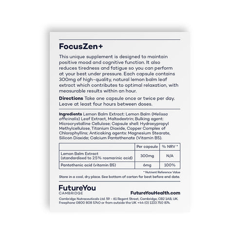 Focus Zen with Lemon Balm Extract - Easy to Absorb Formulation - Vegan Suitable - 28 Day Supply - Developed by FutureYou Cambridge