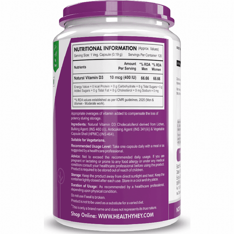 HealthyHey Vegan Vitamin D3 - Natural Plant Based - Non GMO - Gluten Free - 400 IU 120 Veg Capsules