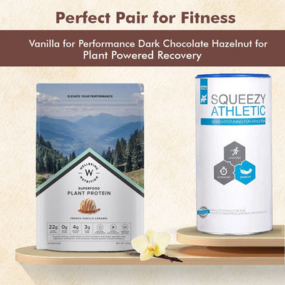 عبوة Squeezy Sports Nutrition بنكهة الفانيليا الرياضية 550 جرام مع بروتين نباتي خارق وفانيليا فرنسية وكراميل