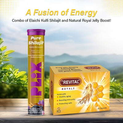 PLIX Pure Shilajit Elaichi Kulfi Flavor 15 قرصًا فوارًا و30 كبسولة من Revital Royale Jelly