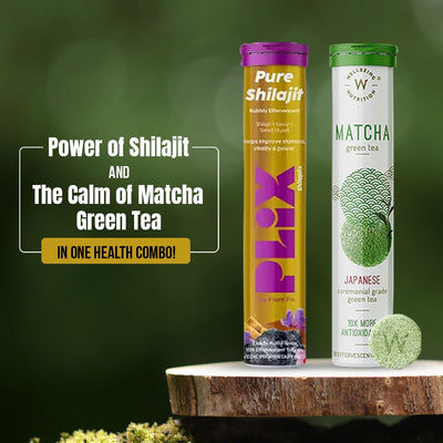 PLIX Pure Shilajit Elaichi Kulfi Flavor 15 قرصًا فوارًا مع شاي ماتشا الأخضر للتغذية الصحية