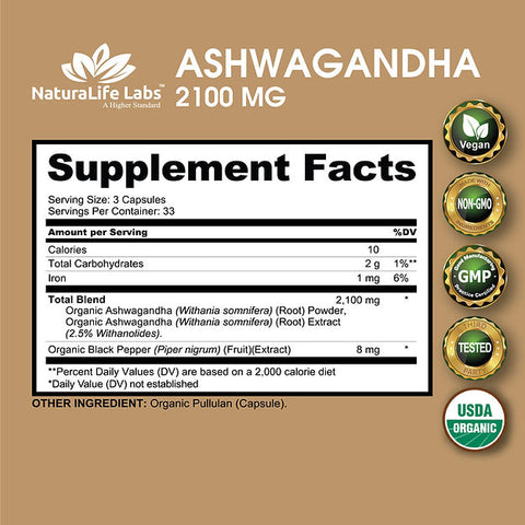 NaturaLife Lab Organic ashwagandha 2,100 mg per serving 100 veggie caps