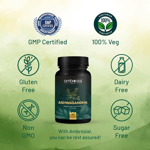 Ambrosial Ashwagandha Capsules - 500mg High Strength Herbal Supplement, 60 Vegan Capsules