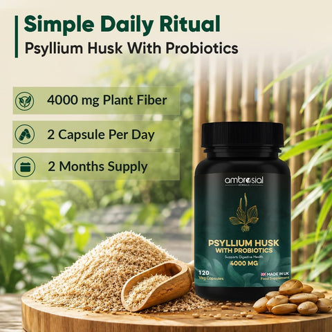Ambrosial Psyllium Husk with Probiotics - 4000mg, Vegan - 120 Capsules