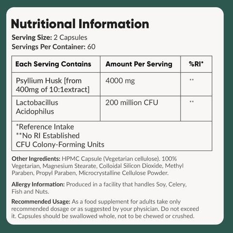 Ambrosial Psyllium Husk with Probiotics - 4000mg, Vegan - 120 Capsules