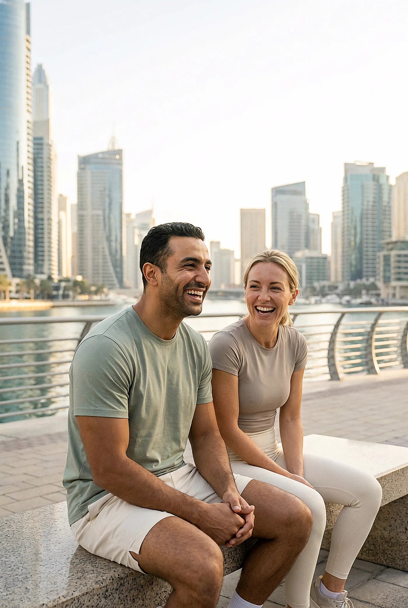 Two friends relaxing after a morning run on the Dubai Marina promenade