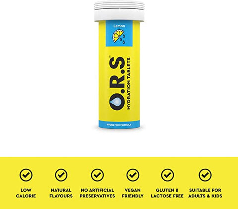 O.R.S Hydration Tablets with Electrolytes, Vegan, Gluten and Lactose Free Formula - Natural Lemon Flavour 24'S