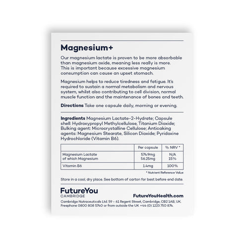 Magnesium+ 575mg Magnesium Lactate with Vitamin B6 - Easy-to-Absorb Formulation - Vegan Suitable - 28 Day Supply - Developed by FutureYou Cambridge