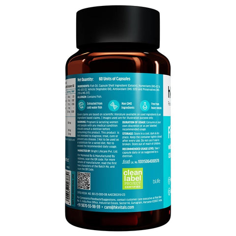 HK Vitals Fish Oil For Men And Women (60 Capsules) | 1000Mg Omega 3 With 180Mg Epa & 120Mg Dha | For Brain, Heart, Eyes, And Joints Health